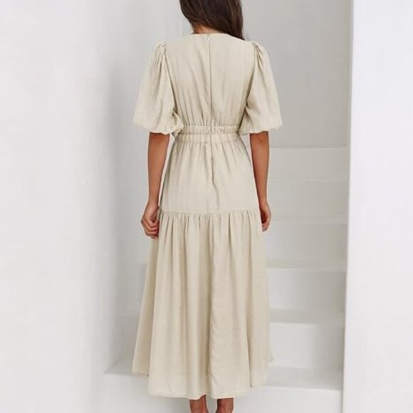 Women's V Neck Short Puff Sleeve A Line Tiered Fall Wedding Guest Maxi Dress - Picture 3 of 7